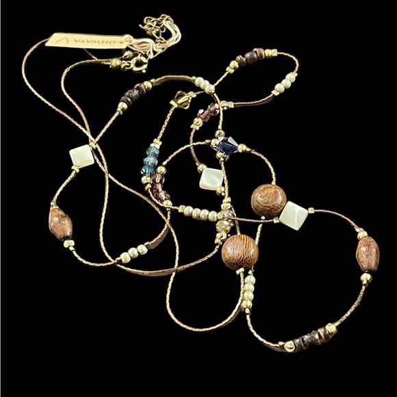 Japanese multi gem & wood antiqued brass long necklace - Picture 4 of 10